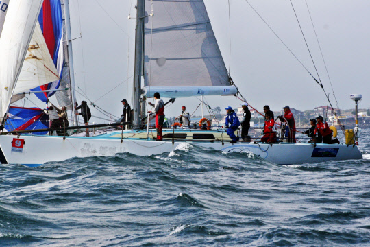넘실거리는 파도, 실룩대는 바람. 무한한 자유가 펼쳐지는 바다 위를 요트는 매끄럽게 달려간다. 필자가 국내에서 열린 국제요트대회에 참가하고 있는 모습.     최경아 교수 제공